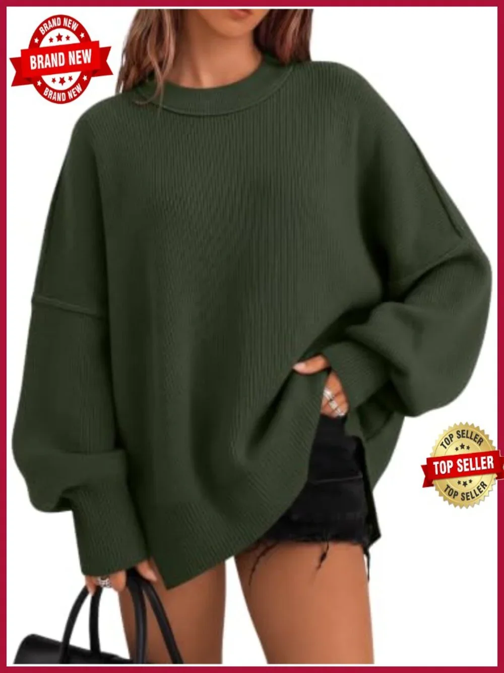 Oversized Crewneck Long Sleeve Tunic Sweater Split Hem Pullover